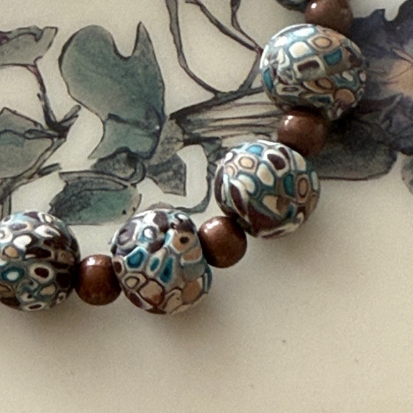 Unique fimo clay stretchy Beaded Bracelet Blue and Brown pink turquoise - Picture 2 of 9